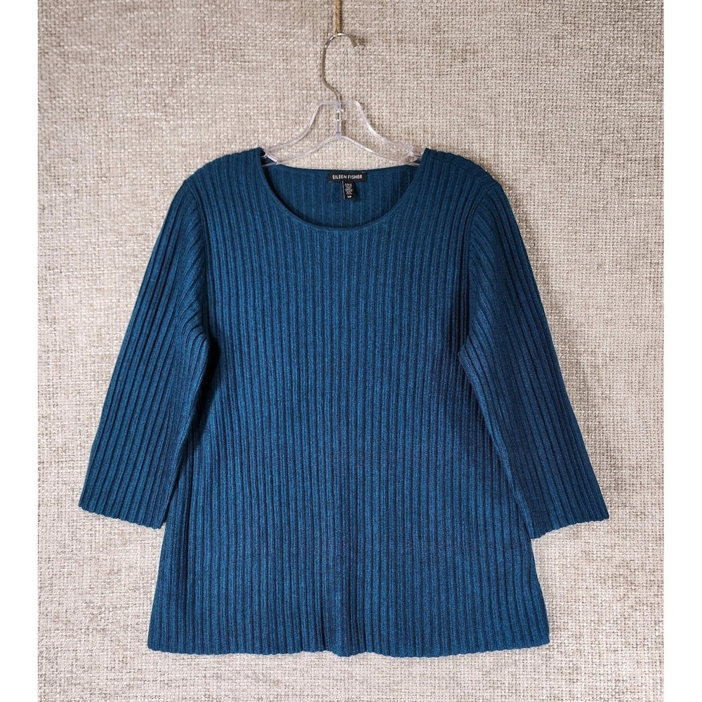 Eileen Fisher Ribbed Merino Wool Sweater Tunic Womens S Teal 3/4 Sleeve